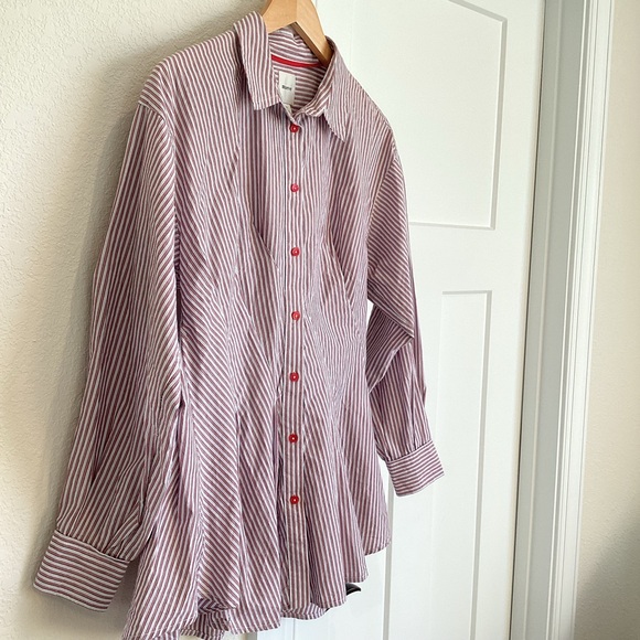 Anthropologie Long-Sleeve Waisted Button-Down Shirt Striped NEW Red Pattern - Picture 6 of 15